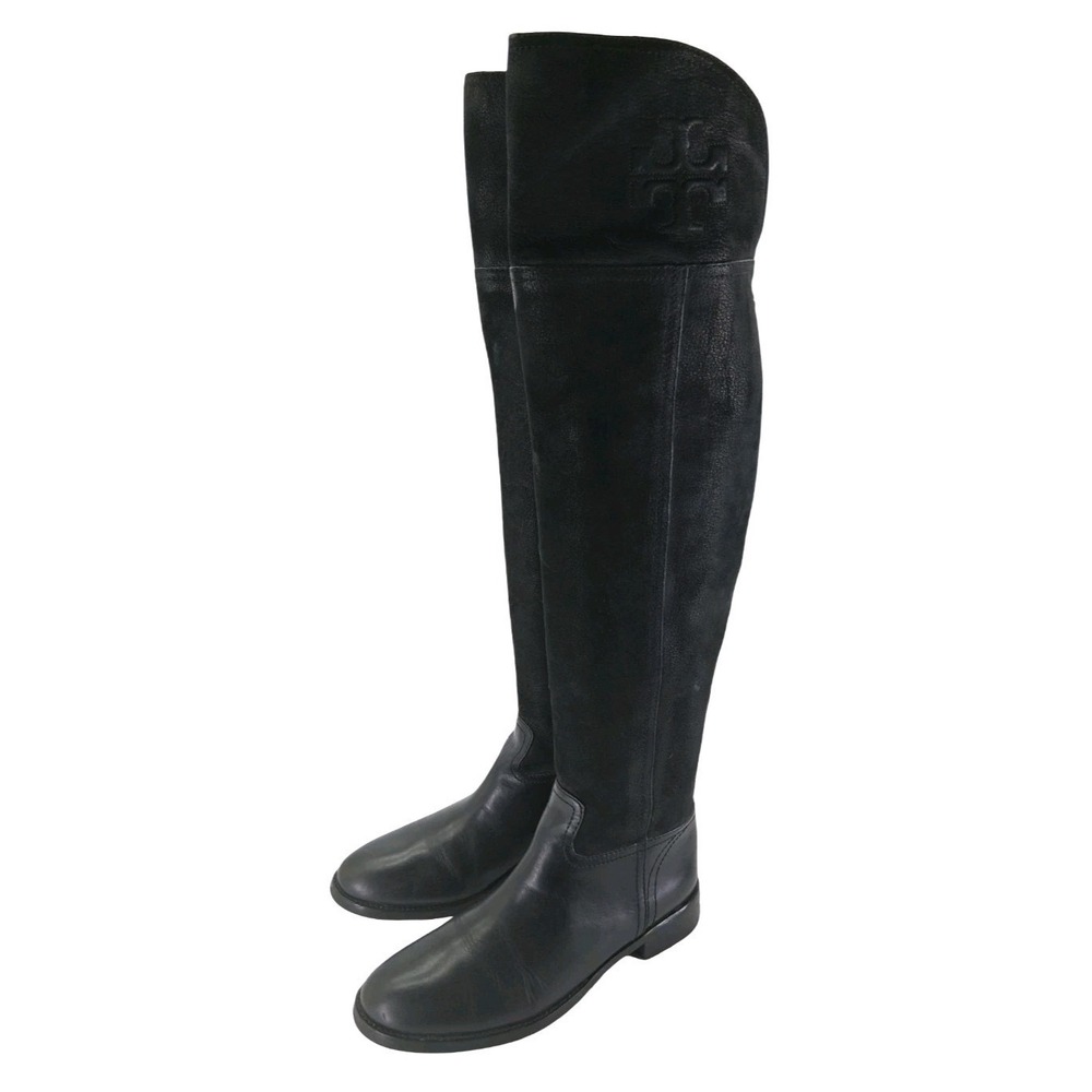 Tory Burch Boots Womens Size 7.5 38 Black Leather Over The Knee Riding Back Zip